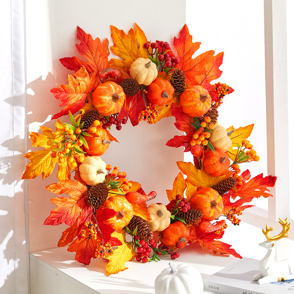 Large Autumn Wreath Door Decor with Assorted Maple Leaves Pumpkins and Berries