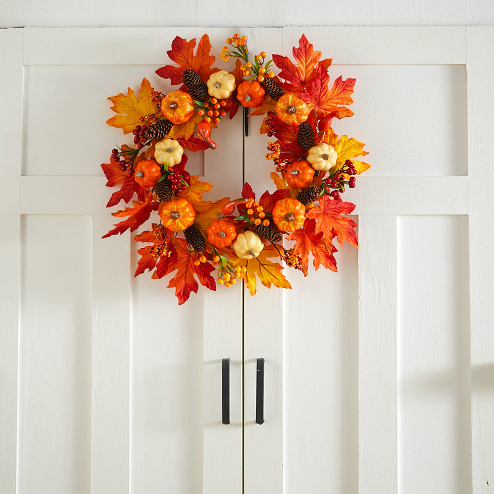 Large Autumn Wreath Door Decor with Assorted Maple Leaves Pumpkins and Berries
