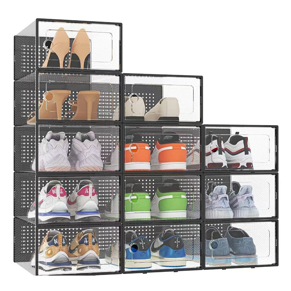 12x Stackable Shoe Storage Box Organiser Black