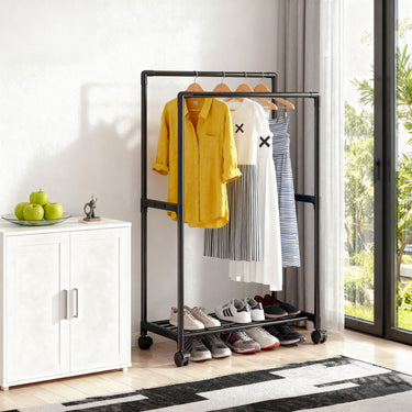 Double Rod Rolling Clothes Rack with Shelf, Metal Garment Organizer