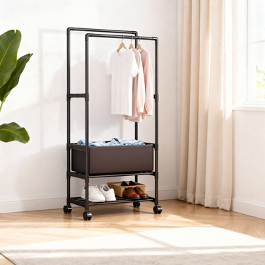 Double Rod Rolling Clothes Rack with Shelf and Laundry Basket, Metal Garment Organizer