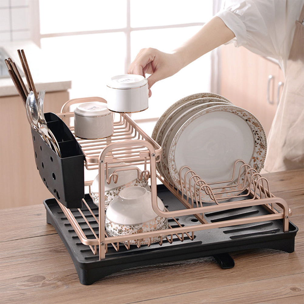 Dish Rack 2 Tiers Dish Drying Drainer with Drying Board Rose Gold