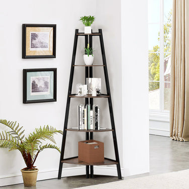 5-Tier Freestanding Vintage Ladder Corner Shelf – Brown & Black Industrial Storage Rack - Lifeideas