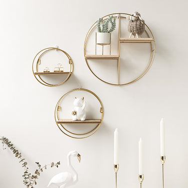 Round Wall Hanging Shelf – Gold Metal Display Rack for Keys, Plants, and Décor