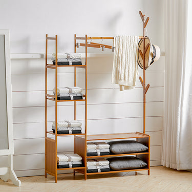 Freestanding Bamboo Clothes Rack with Shelves, Coat Hooks & Shoe Storage – All-in-One Entryway Organizer