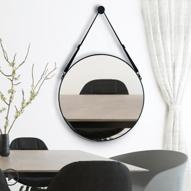Nordic Round Wall Mirror with Adjustable PU Leather Strap – Minimalist Aluminium Frame, Shatterproof Glass