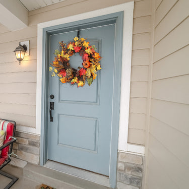 Realistic LED Fall Wreath with Artificial Maple Leaves, Pumpkins, and Berries - Harvest Door Decoration with LED Lights