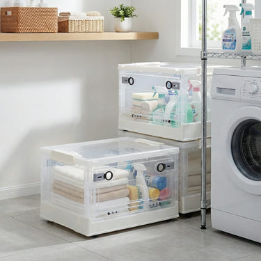 Transparent Folding Storage Box with Wheels – Stackable Home Organizer