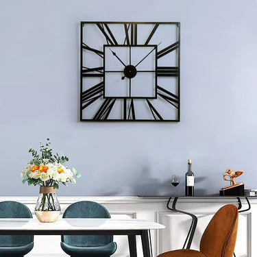 Oversized Square Metal Wall Clock – Roman Numerals and Modern Cut-Out Design for Statement Home Decor