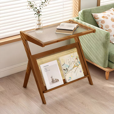 Small Bamboo End Table with Glass Top – Compact Side Table for Living Room or Balcony