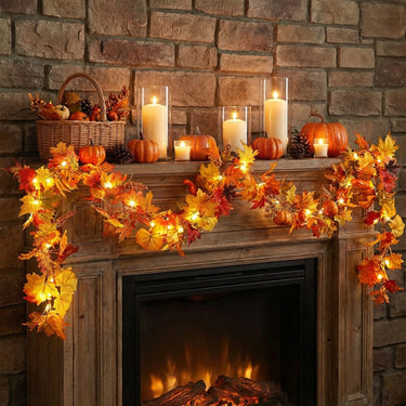 1.8M Artificial Autumn Maple Leaf & Pumpkin Vine Garland with LED Lights - Fall Indoor and Outdoor Decoration