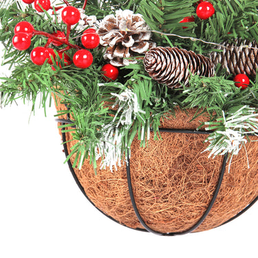 Pre-Lit Hanging Christmas Basket with Frosted Pine Cones and Berries – Indoor/Outdoor Decor