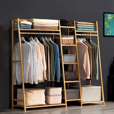 Trapezoid Bamboo Garment Rack with Tiered Shelves – Freestanding Wardrobe Organizer