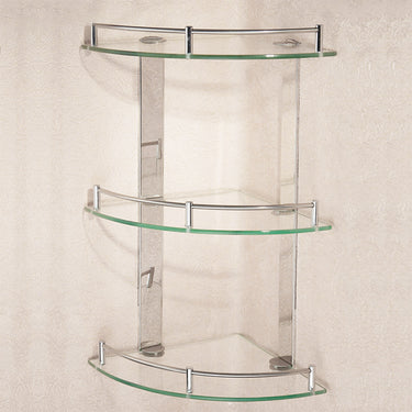 3 Tiers Bathroom Tempered Glass Corner Shelf with Steel Rail Wall Mounted - Lifeideas
