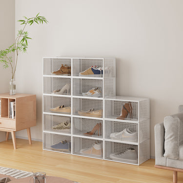 12-Pack Stackable Drop-Front Clear Shoe Storage Boxes – Ventilated & Foldable Organizer Set - Lifeideas
