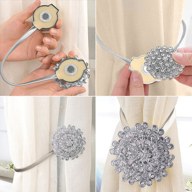 2-Pack Luxurious Crystal Magnetic Curtain Tiebacks – Silver Flower Design for Elegant Window Treatment