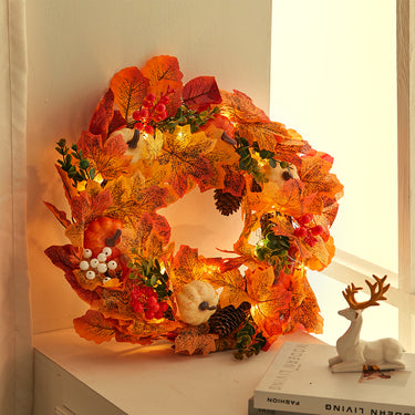 Autumn Harvest Wreath with Pumpkins, Maple Leaves & LED Lights – Front Door Decoration