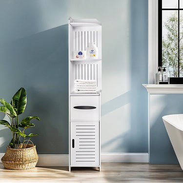 Narrow Corner Bathroom Storage Cabinet with Shelves & Toilet Roll Holder