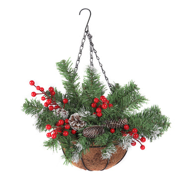 Pre-Lit Hanging Christmas Basket with Frosted Pine Cones and Berries – Indoor/Outdoor Decor