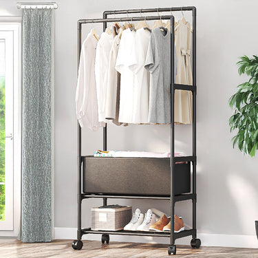 Double Rod Rolling Clothes Rack with Shelf and Laundry Basket, Metal Garment Organizer