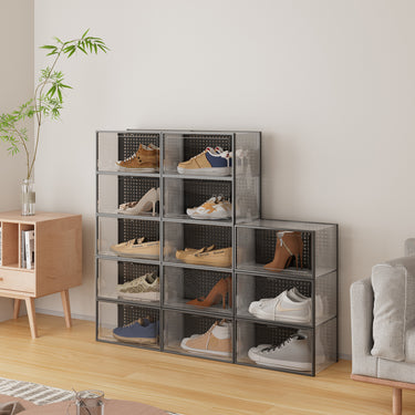 12-Piece Clear Stackable Shoe Storage Boxes, Transparent Plastic Organizer