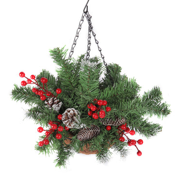 Pre-Lit Hanging Christmas Basket with Frosted Pine Cones and Berries – Indoor/Outdoor Decor