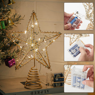 Pre-Lit Metal Star Tree Topper with Beads – Modern Hollow Design, Battery Operated