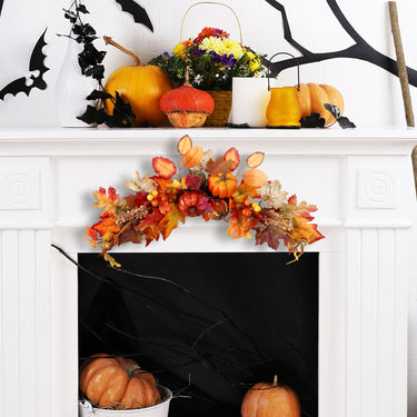 Artificial Autumn Maple Leaves Swag - Pumpkins, Berries & LED Lights for Halloween & Thanksgiving Decor