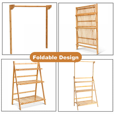 3-Tier Foldable Wooden Ladder Shelf with Hanging Rod – Portable Plant Stand for Indoor & Outdoor Use - Lifeideas