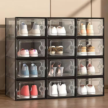 12-Pack Stackable Shoe Storage Boxes – Black Transparent Organizers with Ventilation Holes - Lifeideas