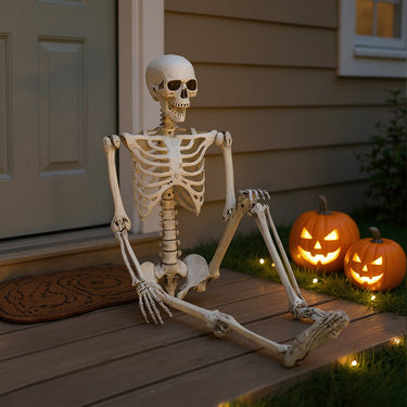 Realistic Full Body Halloween Skeleton Prop with Posable Joints - Eerie Distressed White Decoration for Haunted Houses