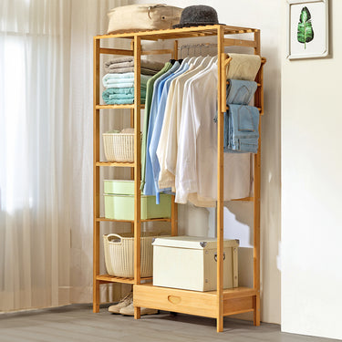 Wooden Clothes Rack with Hooks and Bottom Drawer – Freestanding Wardrobe Organizer