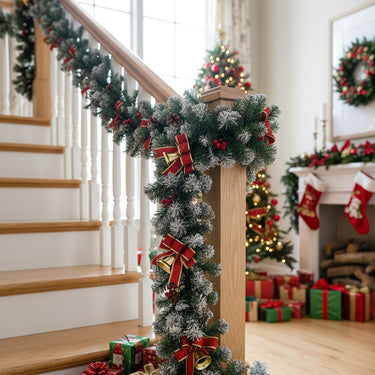 270cm Lighted Spruced Artificial Christmas Garland with Red Bows and Warm White LED Lights