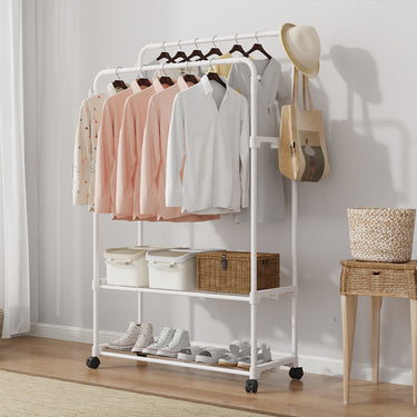 Modern Rolling Clothes Rack – Double-Layer Garment Rail with Wheels for Bedroom & Laundry Room