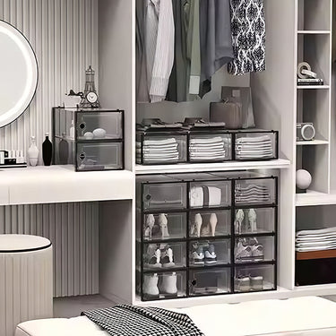 12-Pack Stackable Shoe Storage Boxes – Black Transparent Organizers with Ventilation Holes - Lifeideas