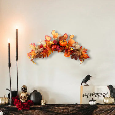 Artificial Autumn Maple Leaves Swag - Pumpkins, Berries & LED Lights for Halloween & Thanksgiving Decor