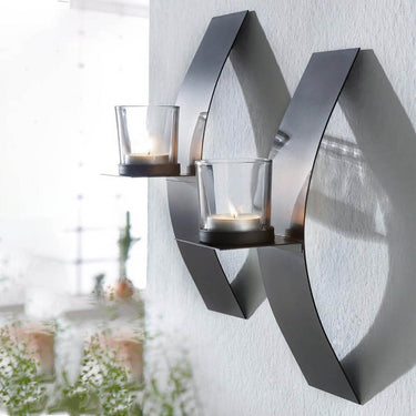 Set of 2 Wall-Mounted Candle Holders with Glass Cups — Matte Black Elegant Tea Light Holders