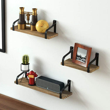 3-Piece Rustic Wood & Metal Floating Shelf Set – Wall-Mounted Decorative Storage Brackets - Lifeideas