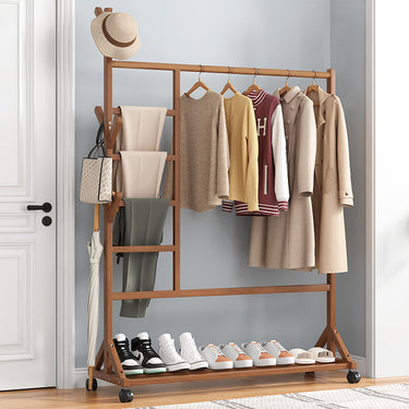 Bamboo Garment Rack with Wheels and Trousers Organizer – Mobile Clothing Stand with Shelf