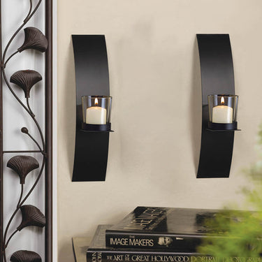 Set of 2 Wall-Mounted Candle Holders with Glass Cups — Matte Black Elegant Tea Light Holders