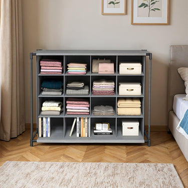 4-Tier Shoe Storage Rack – 16-Grid Freestanding Organizer with Fabric Cover and Metal Frame