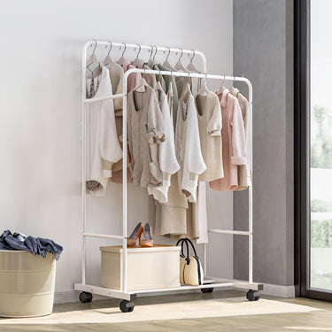 Modern Rolling Clothes Rack – Double-Layer Garment Rail with Wheels for Bedroom & Laundry Room