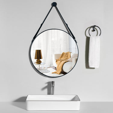 Nordic Round Wall Mirror with Adjustable PU Leather Strap – Minimalist Aluminium Frame, Shatterproof Glass