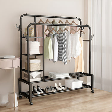 Double-Rod Clothes Rack with Wheels and Side Shelves – Black Metal, 120cm