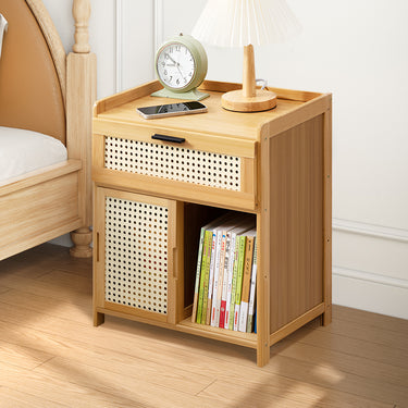 Compact Wooden Nightstand – Multi-Storage Bedside Table with Drawer and Sliding Door
