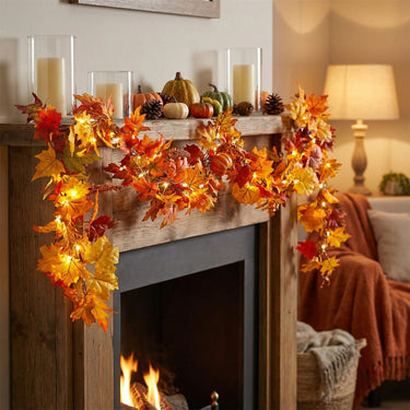1.8M Artificial Autumn Maple Leaf & Pumpkin Vine Garland with LED Lights - Fall Indoor and Outdoor Decoration
