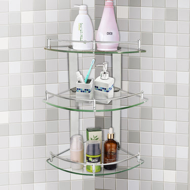 3 Tiers Bathroom Tempered Glass Corner Shelf with Steel Rail Wall Mounted - Lifeideas