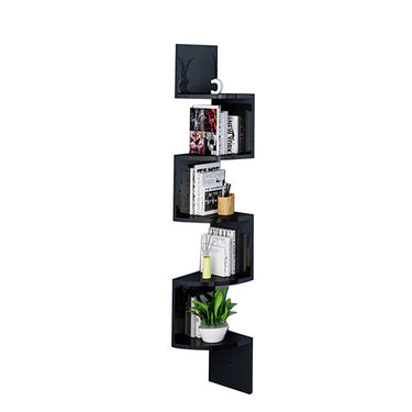 Wooden 5-Tier Zigzag Floating Corner Shelf – Space-Saving Storage in Black