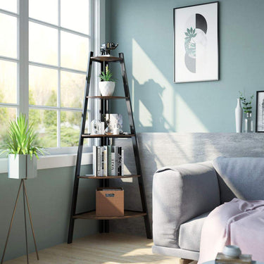 5-Tier Freestanding Vintage Ladder Corner Shelf – Brown & Black Industrial Storage Rack - Lifeideas