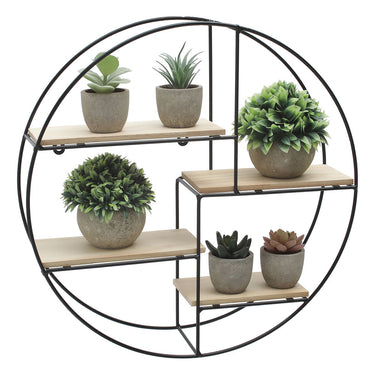 Round Floating Wall Shelf – 4-Tier Decorative Display Rack with Iron Frame and Wood Shelves